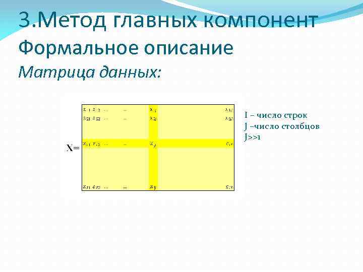 3. Метод главных компонент Формальное описание Матрица данных: I – число строк J –число