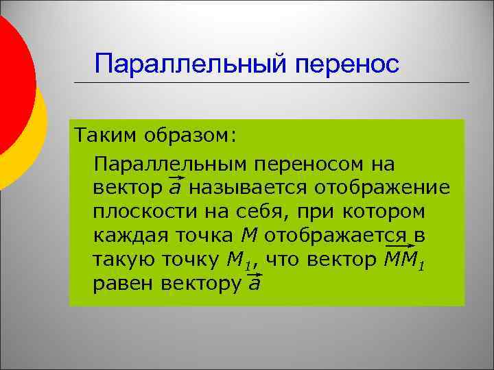 Параллельный перенос Таким образом: Параллельным переносом на вектор а называется отображение плоскости на себя,