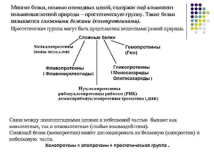 Многие белки, помимо пептидных цепей, содержат ещё компонент неаминокислотной природы – простетическую группу. Такие