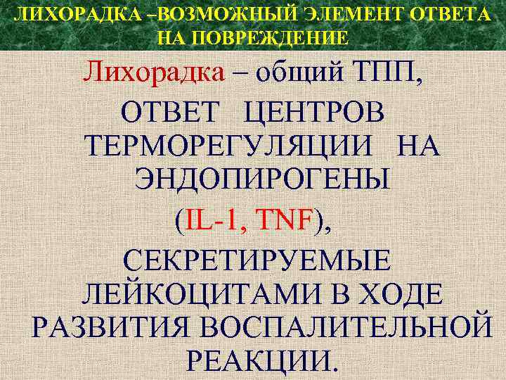 ЛИХОРАДКА –ВОЗМОЖНЫЙ ЭЛЕМЕНТ ОТВЕТА НА ПОВРЕЖДЕНИЕ Лихорадка – общий ТПП, ОТВЕТ ЦЕНТРОВ ТЕРМОРЕГУЛЯЦИИ НА