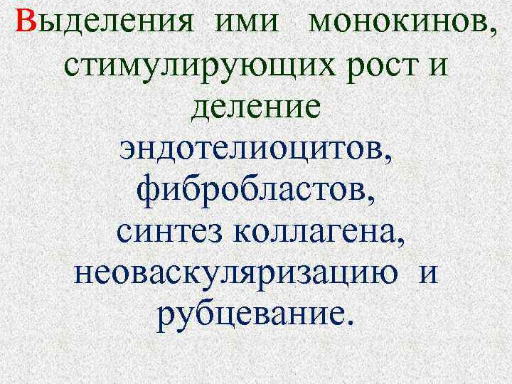 выделения ими монокинов, стимулирующих рост и деление эндотелиоцитов, фибробластов, синтез коллагена, неоваскуляризацию и рубцевание.