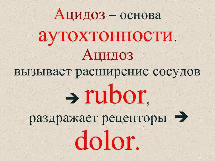 Ацидоз – основа аутохтонности. Ацидоз вызывает расширение сосудов rubor , раздражает рецепторы dolor. 