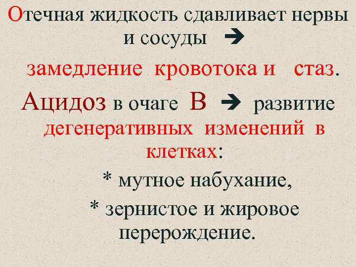 Отечная жидкость сдавливает нервы и сосуды замедление кровотока и стаз. Ацидоз в очаге В