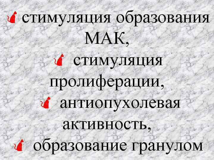  стимуляция образования МАК, стимуляция пролиферации, антиопухолевая активность, образование гранулом 
