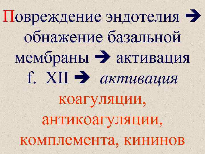 Повреждение эндотелия обнажение базальной мембраны активация f. XII активация коагуляции, антикоагуляции, комплемента, кининов 