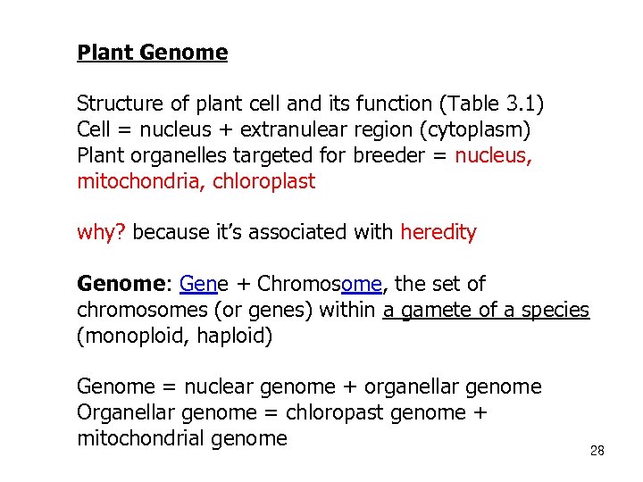 Plant Genome Structure of plant cell and its function (Table 3. 1) Cell =