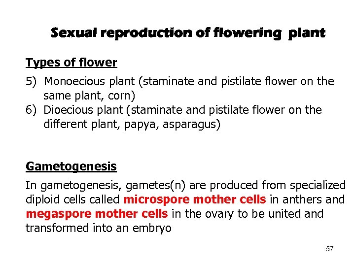 Sexual reproduction of flowering plant Types of flower 5) Monoecious plant (staminate and pistilate