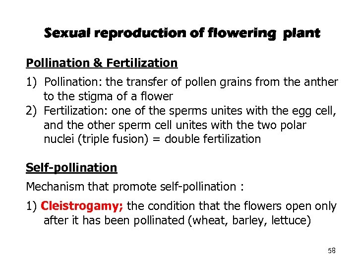 Sexual reproduction of flowering plant Pollination & Fertilization 1) Pollination: the transfer of pollen