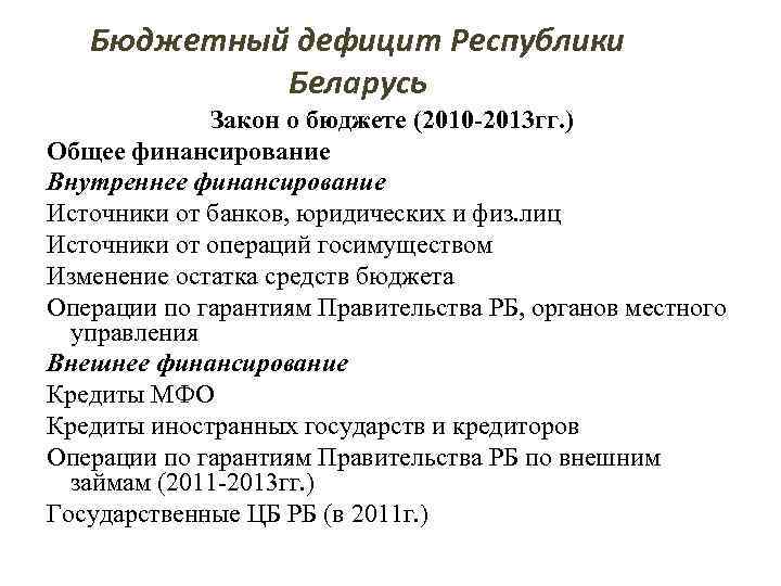 Бюджетный дефицит Республики Беларусь Закон о бюджете (2010 -2013 гг. ) Общее финансирование Внутреннее