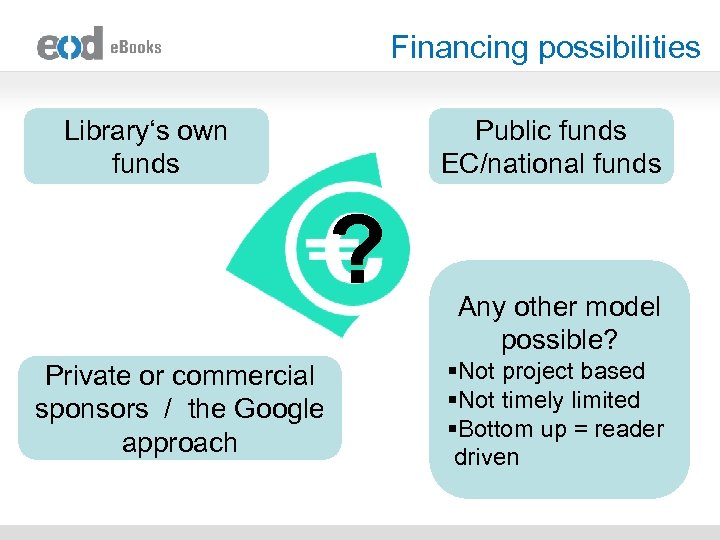 Financing possibilities Library‘s own funds Public funds EC/national funds ? Private or commercial sponsors