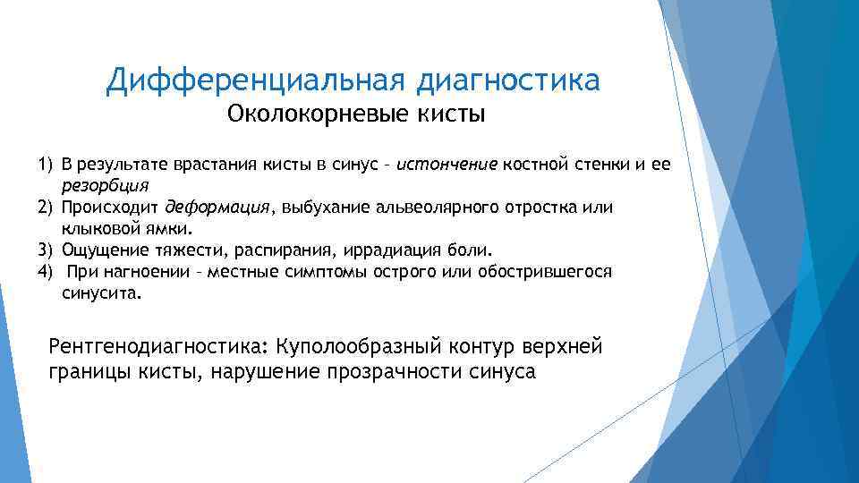 Дифференциальная диагностика Околокорневые кисты 1) В результате врастания кисты в синус – истончение костной