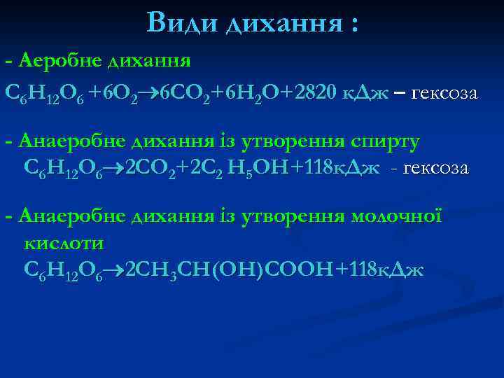 Види дихання : - Аеробне дихання С 6 Н 12 О 6 +6 О