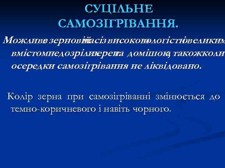 СУЦІЛЬНЕ САМОЗІГРІВАННЯ. Можливе зерновій з високою в масі вологістювеликим і вмістомнедозрілих та домішок, такожколи