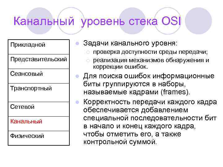 Канальный уровень стека OSI Прикладной l Задачи канального уровня: ¡ Представительский Сеансовый Транспортный Сетевой