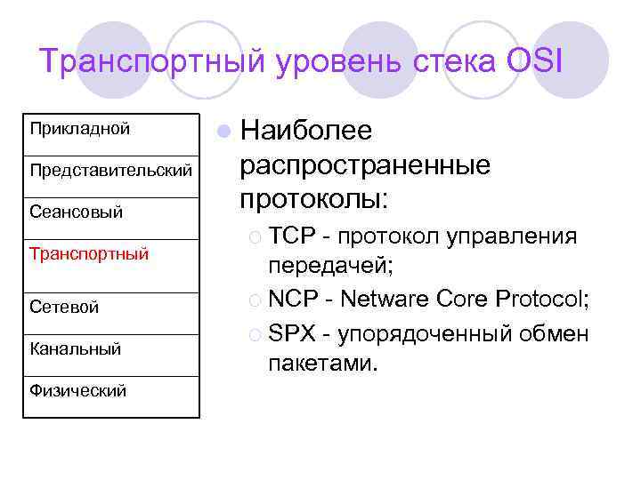 Транспортный уровень стека OSI Прикладной Представительский Сеансовый Транспортный Сетевой Канальный Физический l Наиболее распространенные