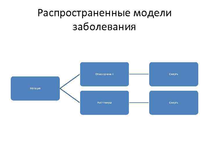 Распространенные модели заболевания Отказ органа X Смерть Рост тимуса Смерть Мутация 