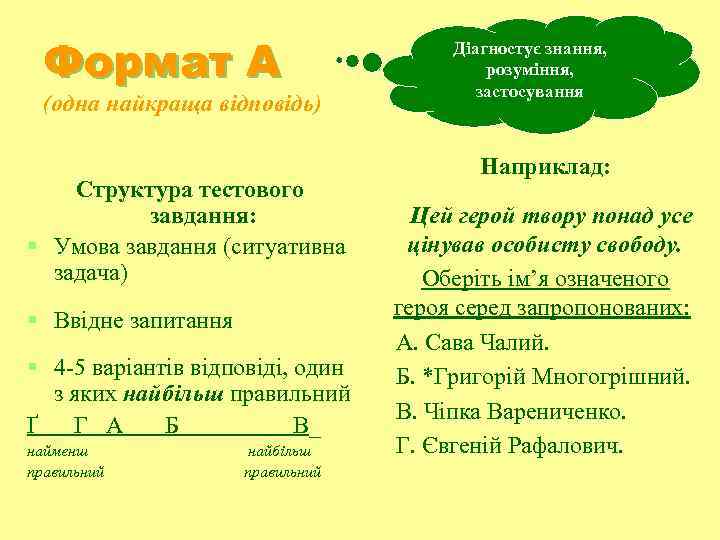 Формат А (одна найкраща відповідь) Структура тестового завдання: § Умова завдання (ситуативна задача) §