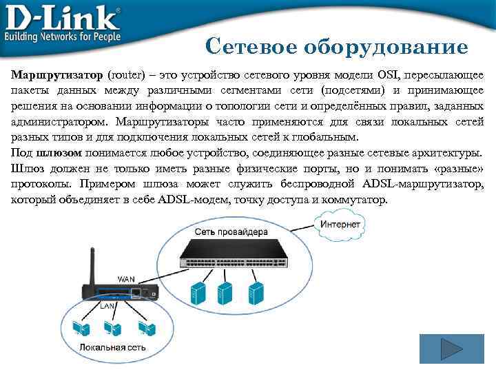 Сетевое оборудование Маршрутизатор (router) – это устройство сетевого уровня модели OSI, пересылающее пакеты данных