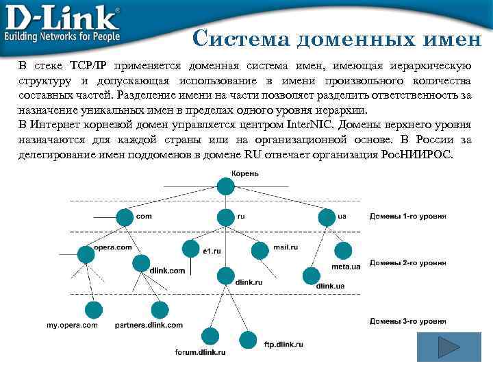 Система доменных имен В стеке TCP/IP применяется доменная система имен, имеющая иерархическую структуру и