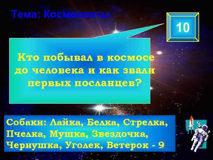 Тема: Космонавты 10 Кто побывал в космосе до человека и как звали первых посланцев?