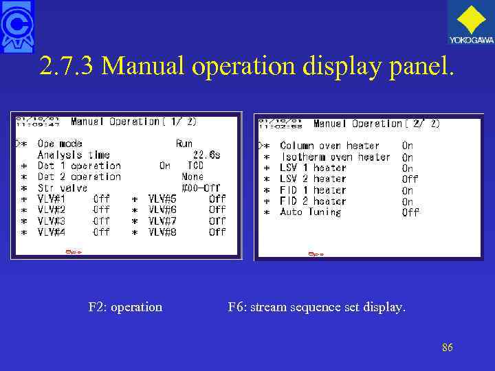 2. 7. 3 Manual operation display panel. F 2: operation F 6: stream sequence