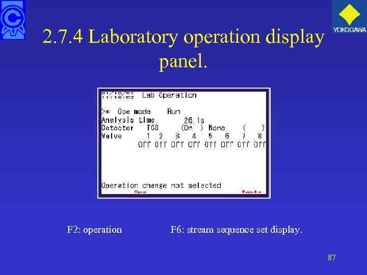 2. 7. 4 Laboratory operation display panel. F 2: operation F 6: stream sequence