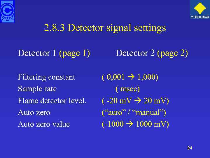 2. 8. 3 Detector signal settings Detector 1 (page 1) Filtering constant Sample rate