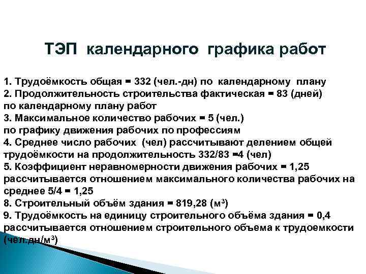 ТЭП календарного графика работ 1. Трудоёмкость общая = 332 (чел. -дн) по календарному плану
