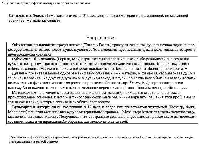 13. Основные философские позиции по проблеме сознания. Важность проблемы: 1) методологическая 2) осмысление как