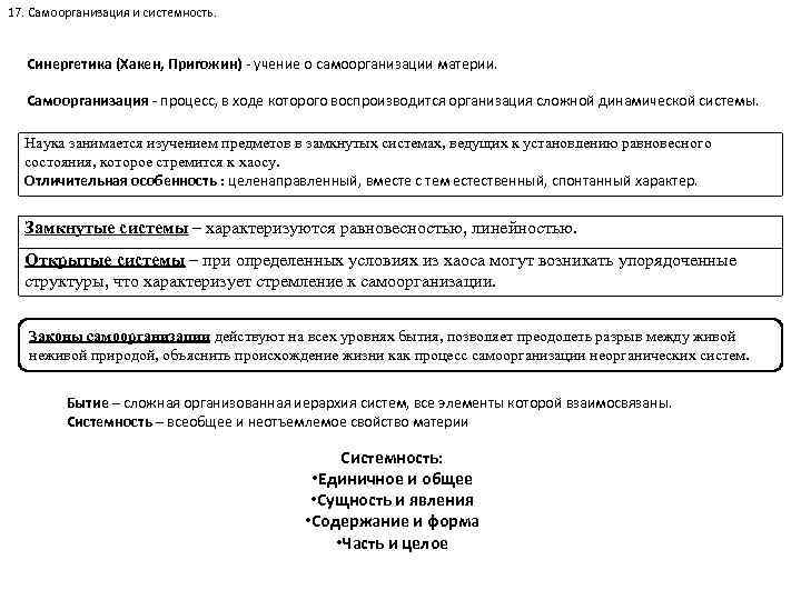 17. Самоорганизация и системность. Синергетика (Хакен, Пригожин) - учение о самоорганизации материи. Самоорганизация -