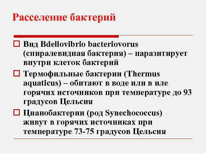 Расселение бактерий o Вид Bdellovibrio bacteriovorus (спиралевидная бактерия) – паразитирует внутри клеток бактерий o
