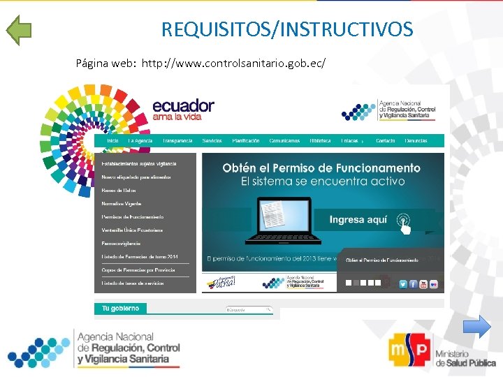 REQUISITOS/INSTRUCTIVOS Página web: http: //www. controlsanitario. gob. ec/ 