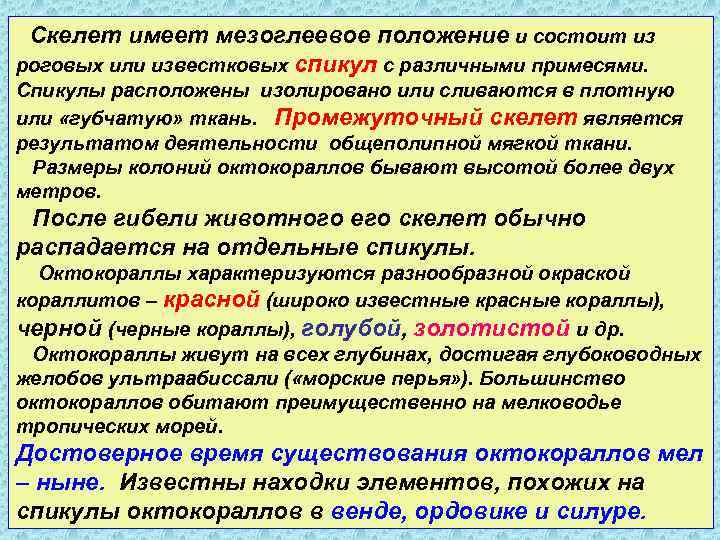 Скелет имеет мезоглеевое положение и состоит из роговых или известковых спикул с различными примесями.