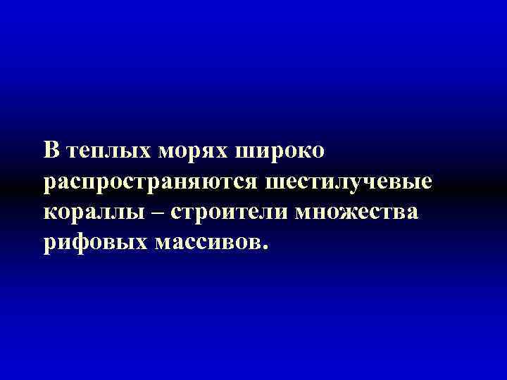 В теплых морях широко распространяются шестилучевые кораллы – строители множества рифовых массивов. 