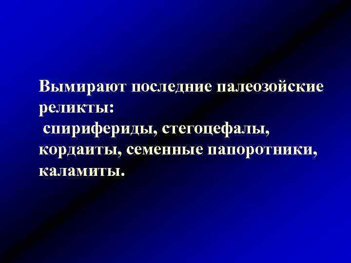 Вымирают последние палеозойские реликты: спирифериды, стегоцефалы, кордаиты, семенные папоротники, каламиты. 