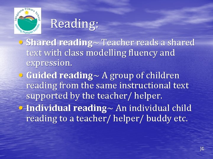 Reading: • Shared reading~ Teacher reads a shared text with class modelling fluency and