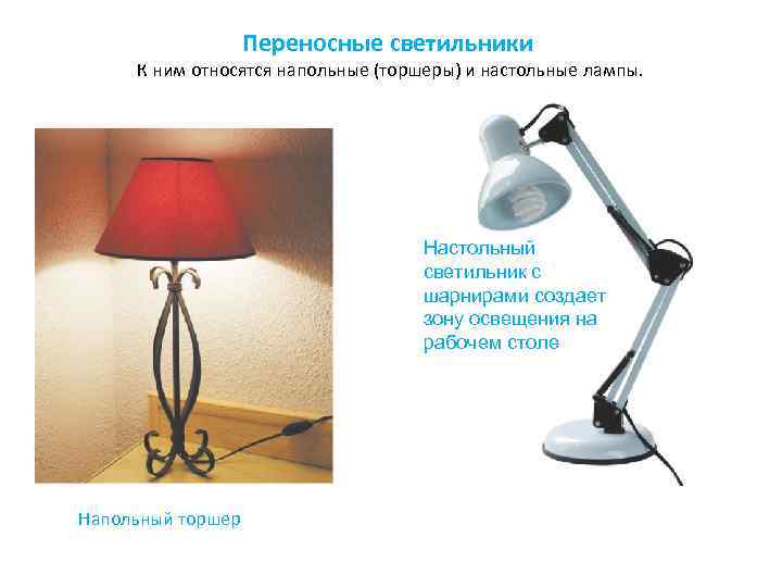 Переносные светильники К ним относятся напольные (торшеры) и настольные лампы. Настольный светильник с шарнирами