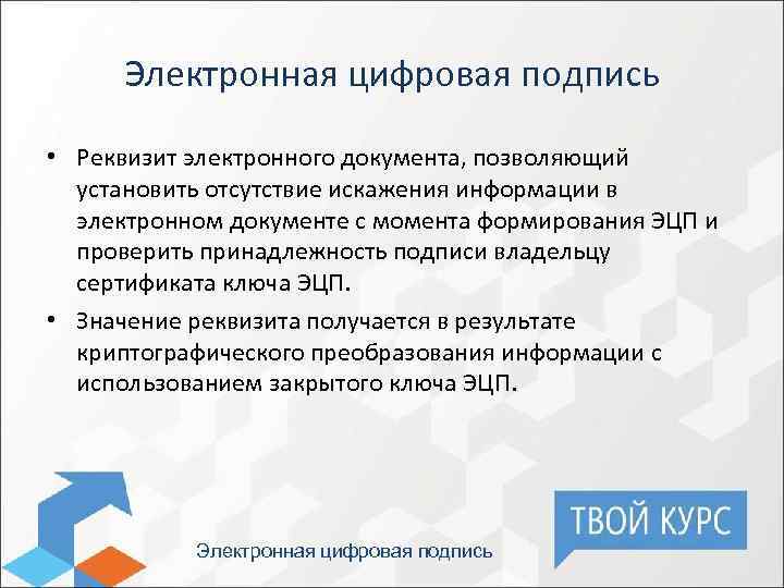 Электронная цифровая подпись • Реквизит электронного документа, позволяющий установить отсутствие искажения информации в электронном