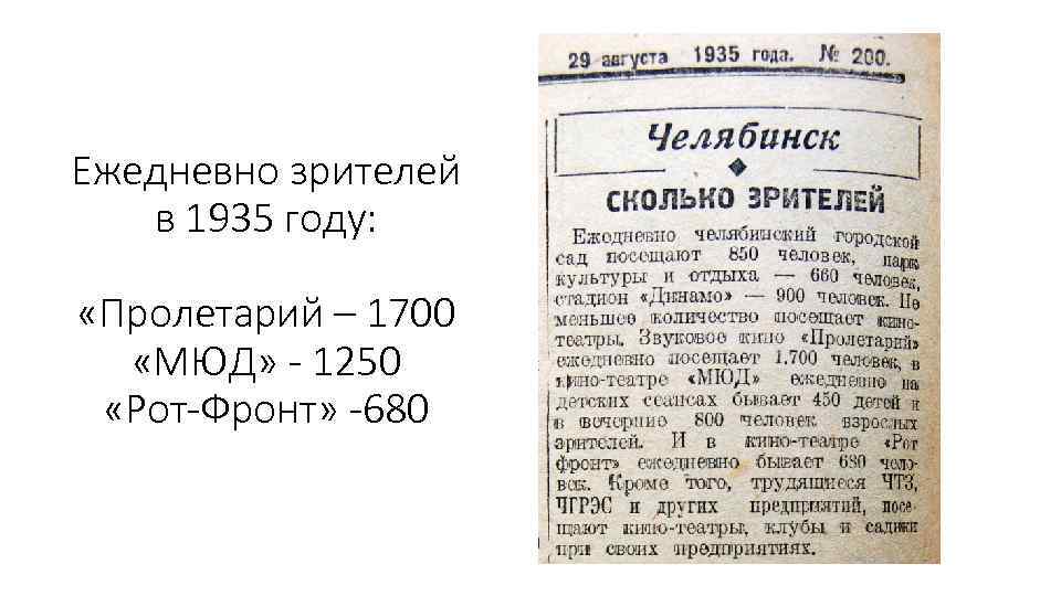 Ежедневно зрителей в 1935 году: «Пролетарий – 1700 «МЮД» - 1250 «Рот-Фронт» -680 