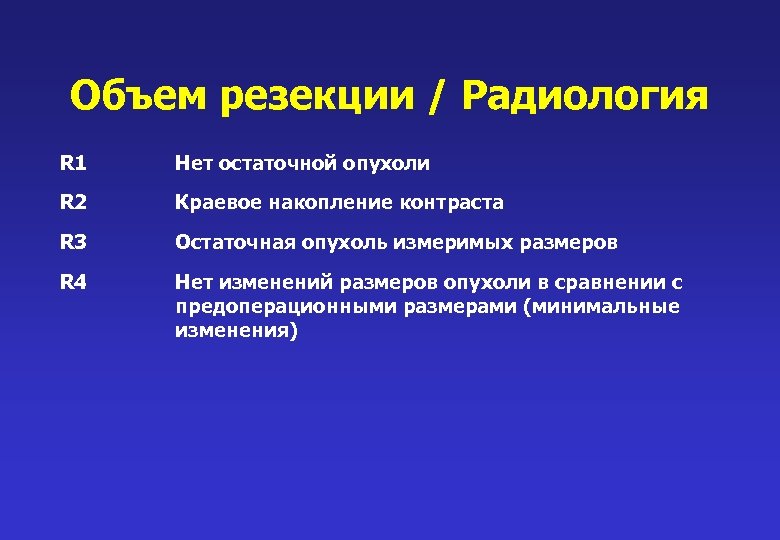 Объем резекции / Радиология R 1 Нет остаточной опухоли R 2 Краевое накопление контраста