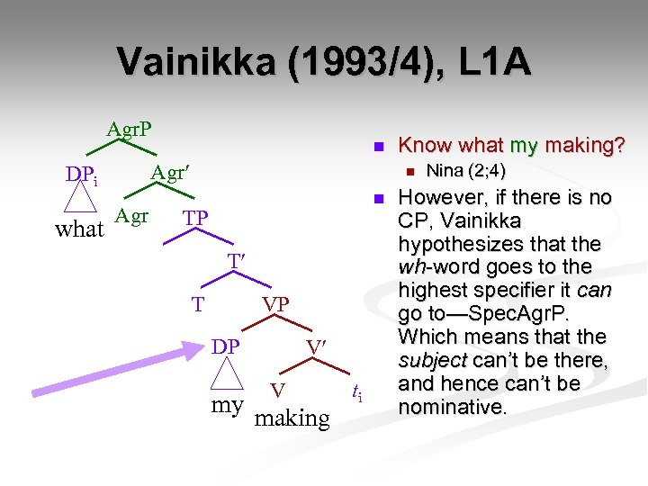 Vainikka (1993/4), L 1 A Agr. P Agr DPi what n Agr Know what