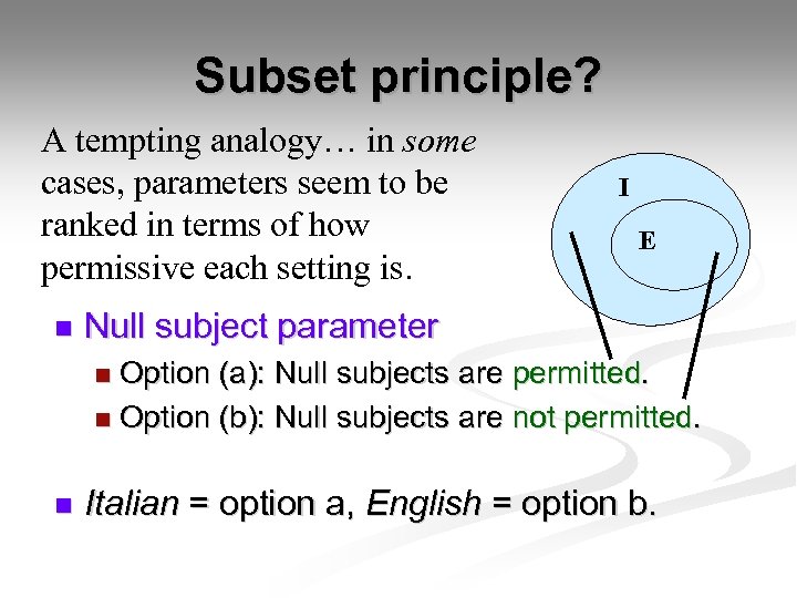 Subset principle? A tempting analogy… in some cases, parameters seem to be ranked in