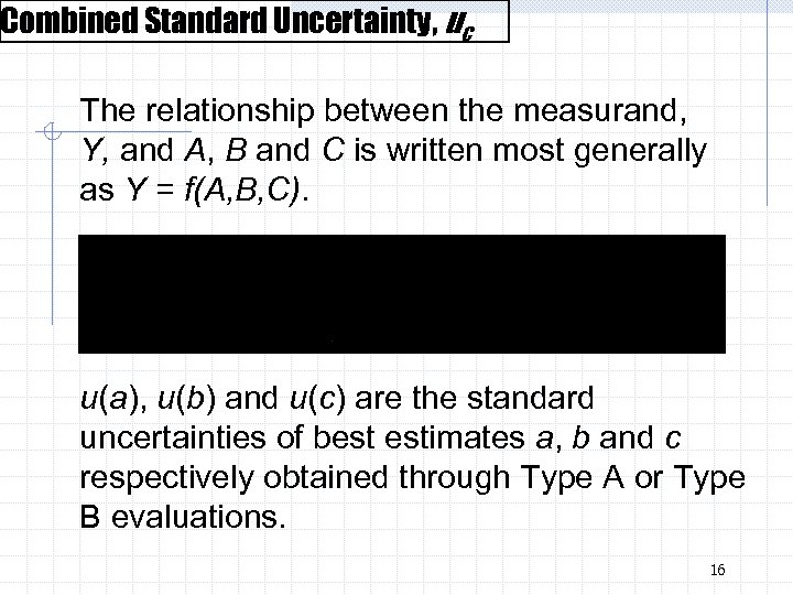 Combined Standard Uncertainty, uc The relationship between the measurand, Y, and A, B and