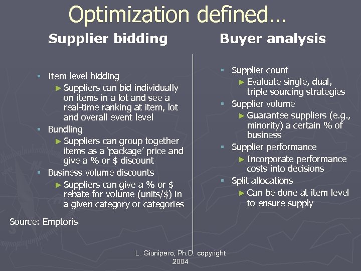 Optimization defined… Supplier bidding § Item level bidding ► Suppliers can bid individually on