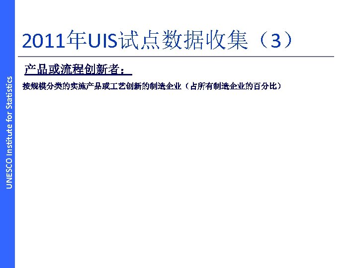 2011年UIS试点数据收集（3） UNESCO Institute for Statistics 产品或流程创新者： 按规模分类的实施产品或 艺创新的制造企业（占所有制造企业的百分比） 