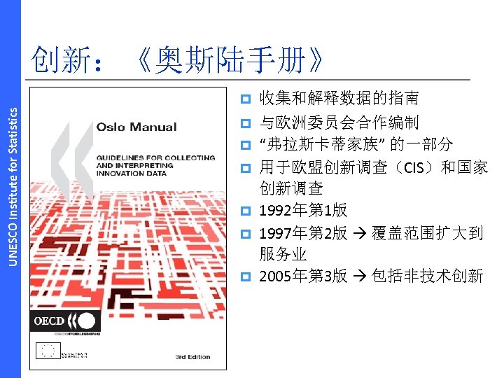 创新：《奥斯陆手册》 UNESCO Institute for Statistics p 收集和解释数据的指南 p 与欧洲委员会合作编制 “弗拉斯卡蒂家族” 的一部分 用于欧盟创新调查（CIS）和国家 创新调查 1992年第