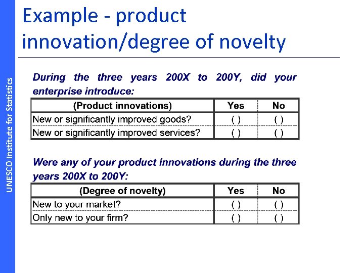 UNESCO Institute for Statistics Example ‐ product innovation/degree of novelty 