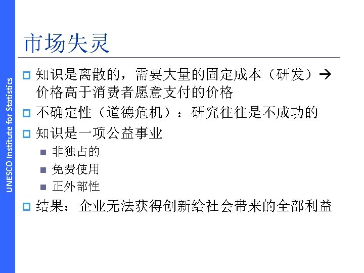 UNESCO Institute for Statistics 市场失灵 知识是离散的，需要大量的固定成本（研发） 价格高于消费者愿意支付的价格 p 不确定性（道德危机）：研究往往是不成功的 p 知识是一项公益事业 p n n