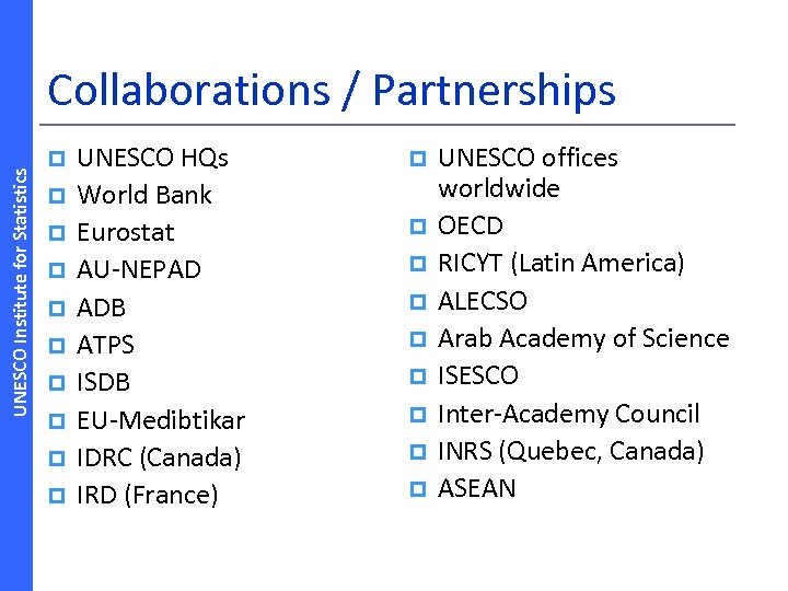UNESCO Institute for Statistics Collaborations / Partnerships p p p p p UNESCO HQs