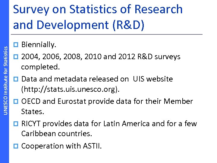 UNESCO Institute for Statistics Survey on Statistics of Research and Development (R&D) Biennially. p